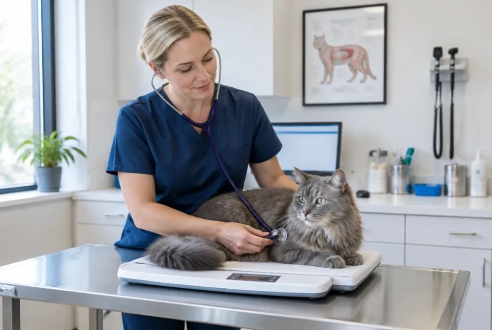 Veterinarian examining a cat on a scale